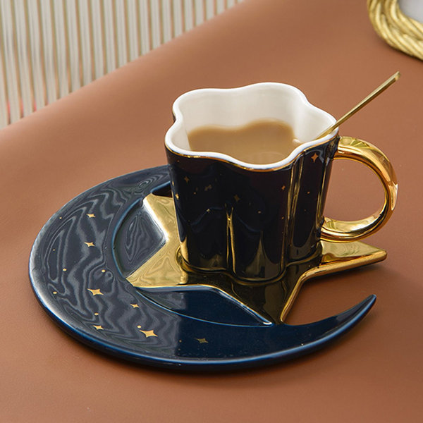 Ceramic Black Star Moon Coffee Cup and Saucer with Spoon Set Golden Handle Porcelain Mug Tea Juice for Water Drinks