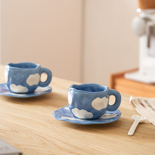 Hand Painted The Blue Sky And White Clouds Coffee Cup With Saucer Ceramic Handmade Tea Cup Saucer Set Gift For Her