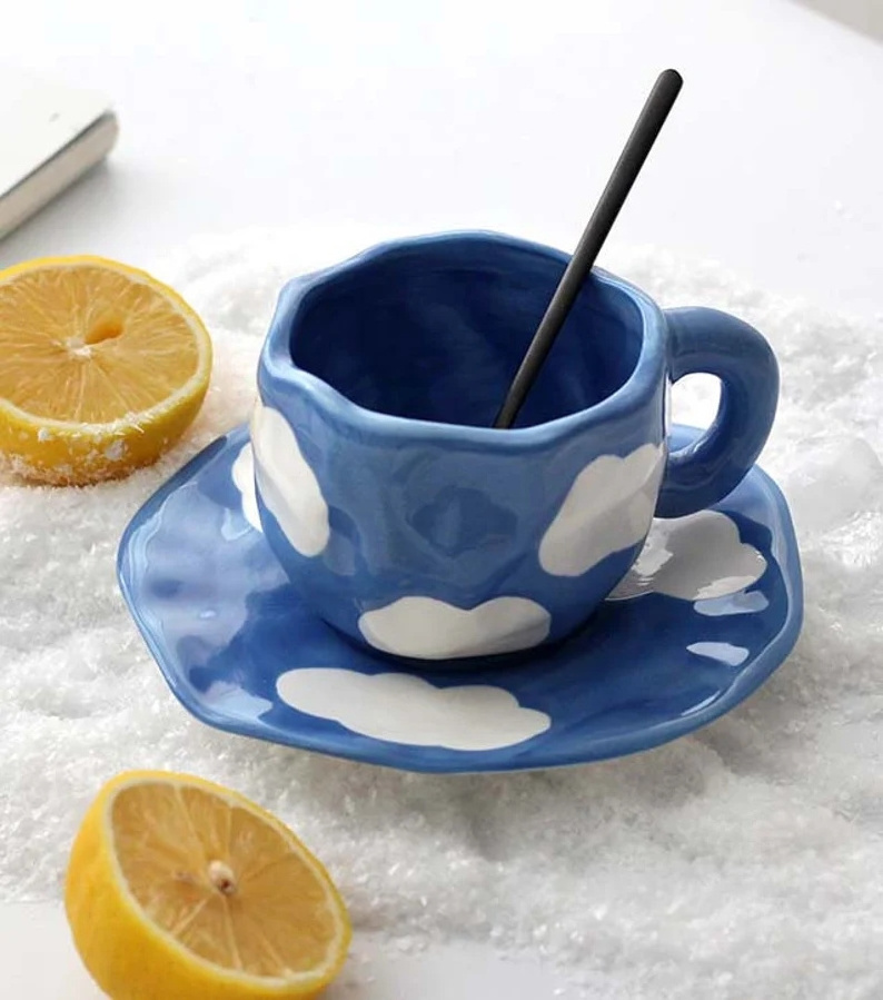 Hand Painted The Blue Sky And White Clouds Coffee Cup With Saucer Ceramic Handmade Tea Cup Saucer Set Gift For Her