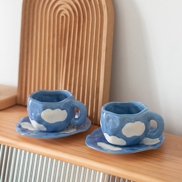 Hand Painted The Blue Sky And White Clouds Coffee Cup With Saucer Ceramic Handmade Tea Cup Saucer Set Gift For Her