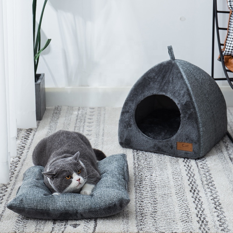 Plush Foldable Dog Cat Bed Non-slip Pet Kennel Gray Kitten House Indoor Enclosed Sleeping Cats Cave Bed for Small Dogs Tent