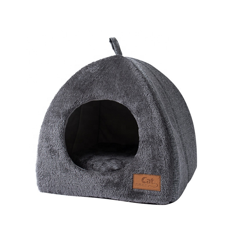 Plush Foldable Dog Cat Bed Non-slip Pet Kennel Gray Kitten House Indoor Enclosed Sleeping Cats Cave Bed for Small Dogs Tent