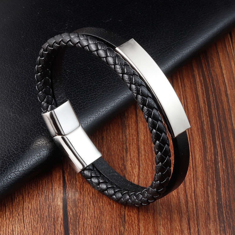 Bracelets vintage jewelry black stainless steel leather bracelet men double-deck leather bracelet