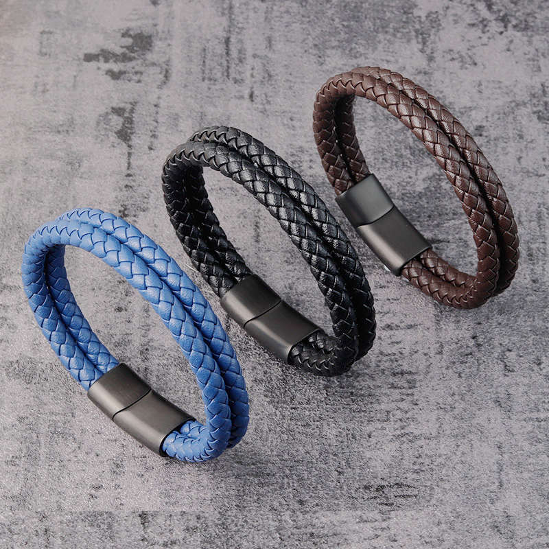 Bracelets vintage jewelry black stainless steel leather bracelet men double-deck leather bracelet