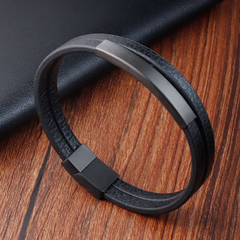 Bracelets vintage jewelry black stainless steel leather bracelet men double-deck leather bracelet