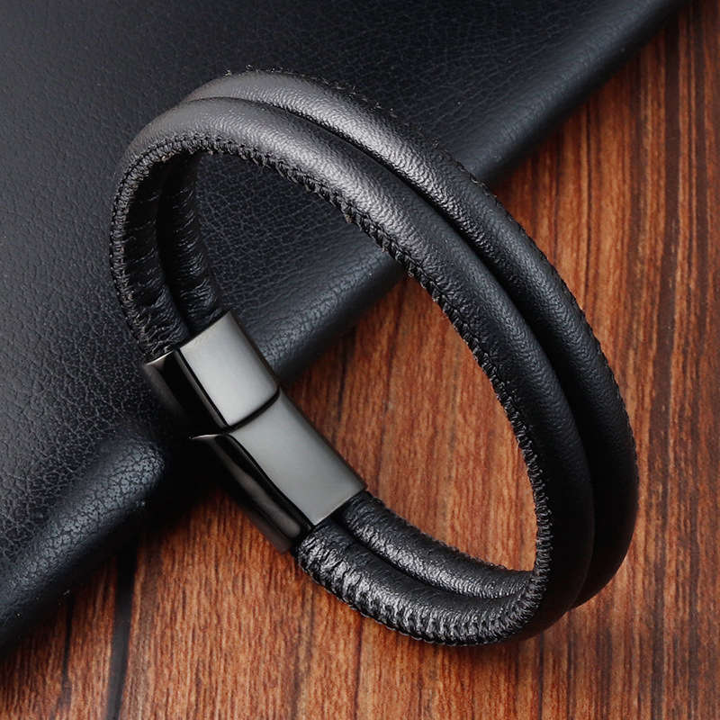 Bracelets vintage jewelry black stainless steel leather bracelet men double-deck leather bracelet