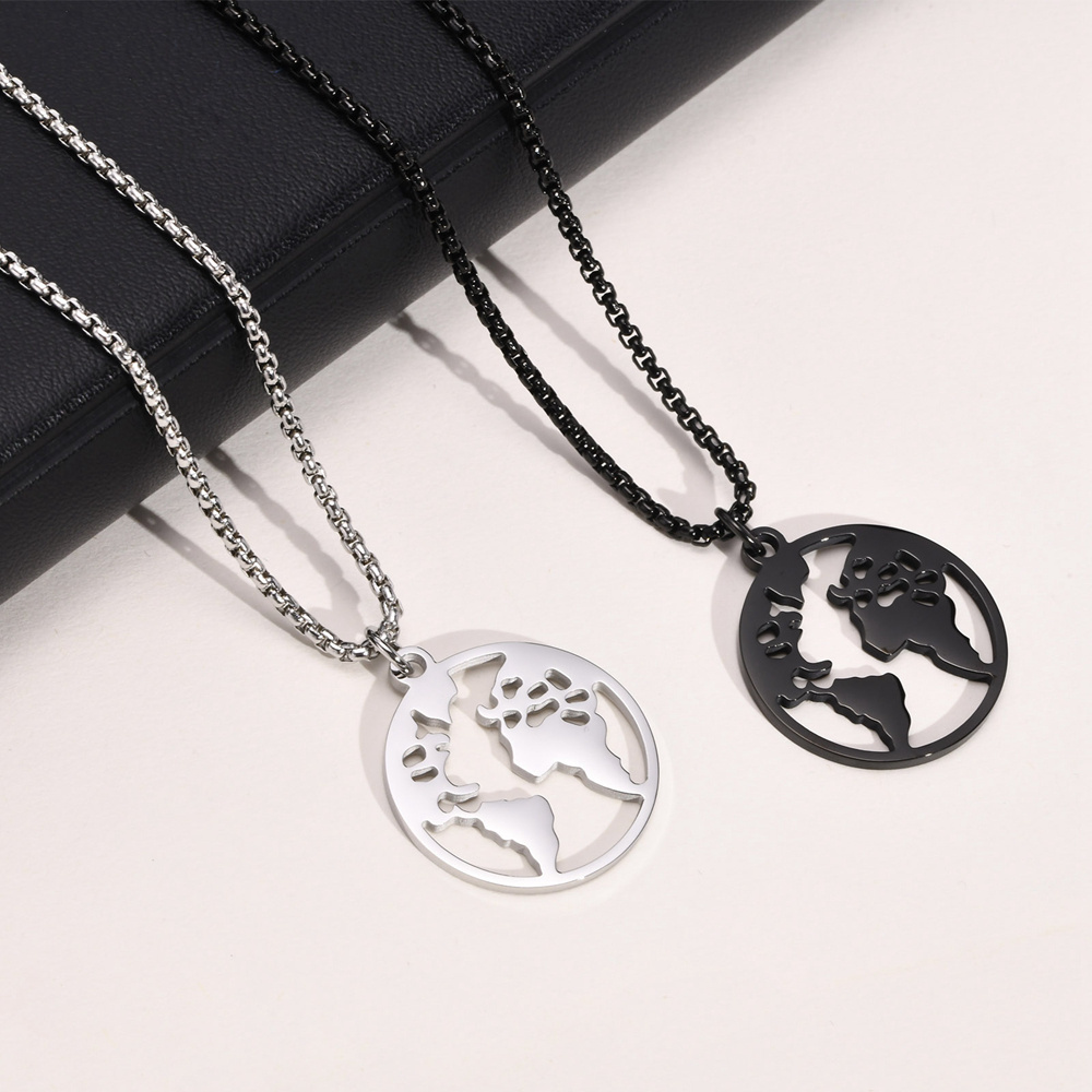 Fashion customize jewelry personalized silver stainless steel mens necklaces engrave charms pendant compass planet map necklace