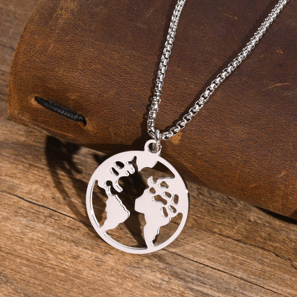 Fashion customize jewelry personalized silver stainless steel mens necklaces engrave charms pendant compass planet map necklace