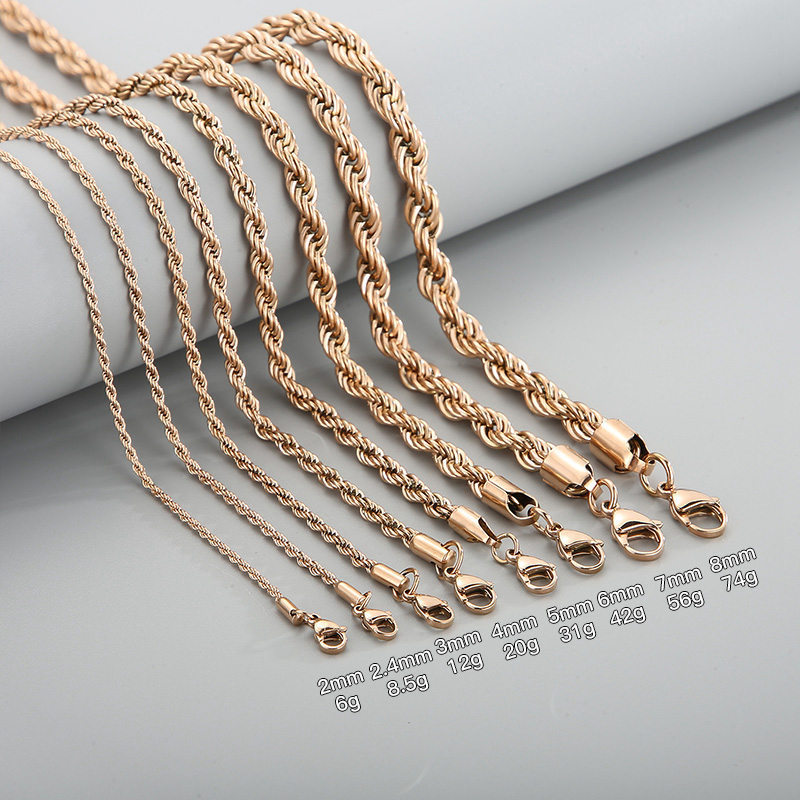 Hip hop metal 18k gold custom men chain bracelet women high quality jewelry stainless steel twisted rope chains necklaces party