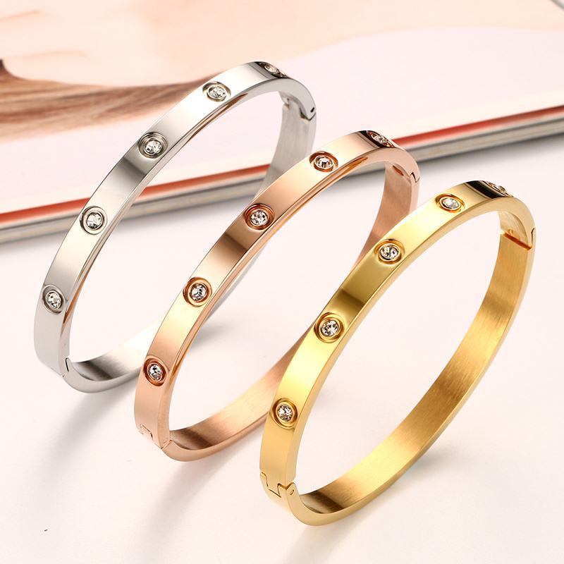 Wholesale fashion jewelry  korea style 6mm gold stainless steel  bangle bracelet with crystal stone for girls ladies