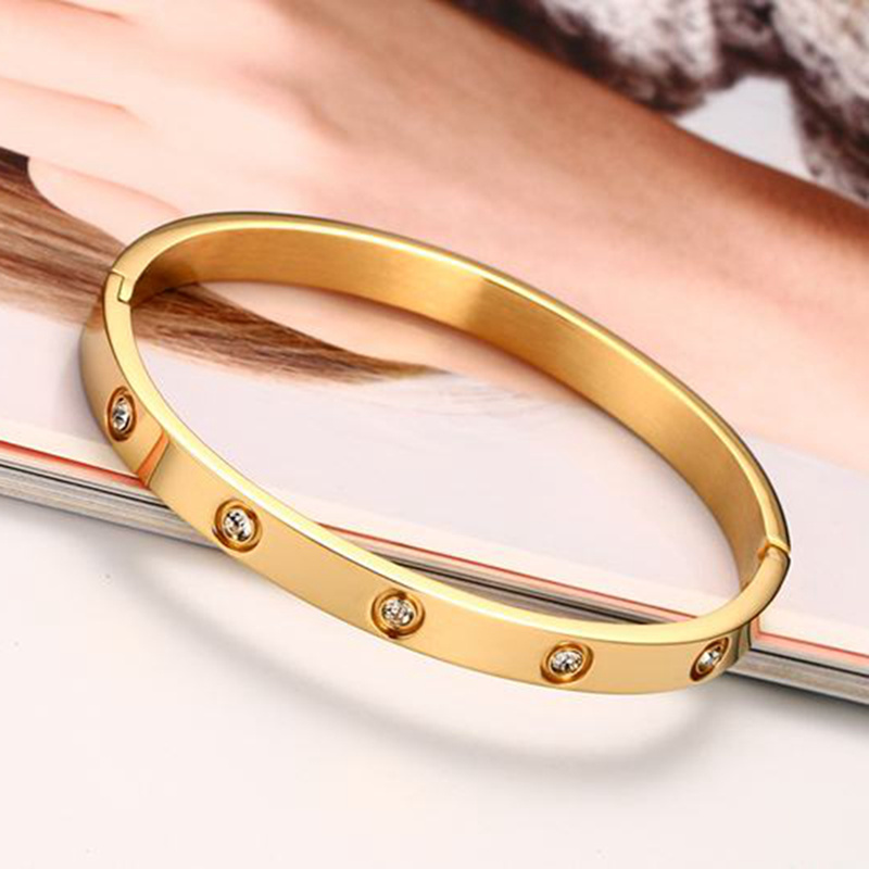 Wholesale fashion jewelry  korea style 6mm gold stainless steel  bangle bracelet with crystal stone for girls ladies