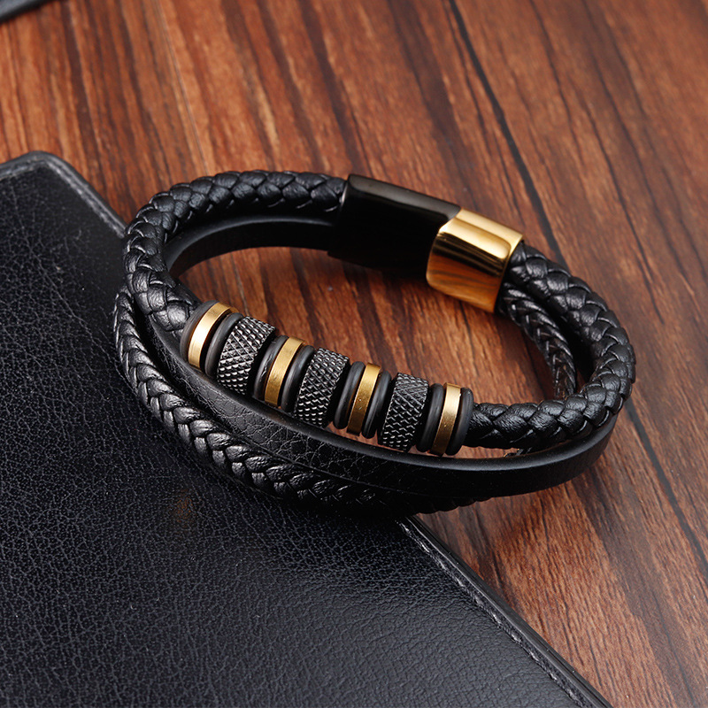 Stainless steel italian magnet multi layer genuine leather cuff bracelet gold plated woven string charm bracelet sets men