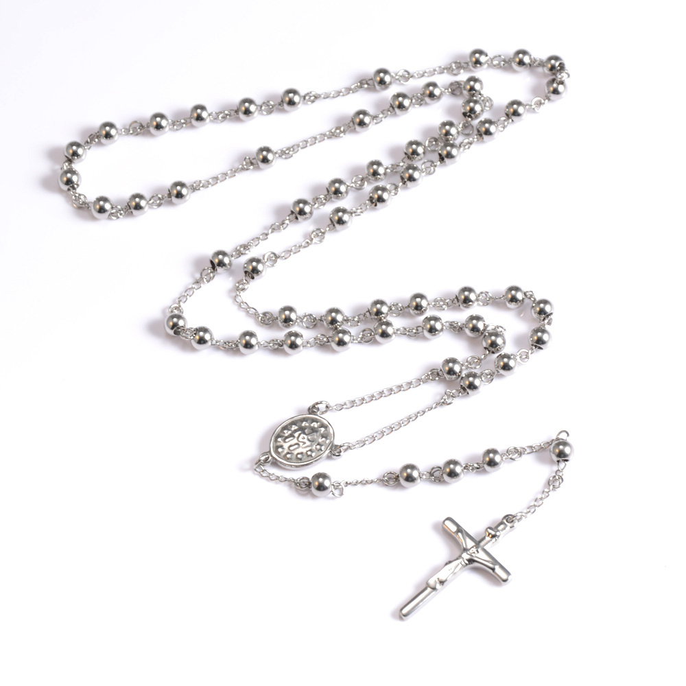 hotsale religious necklace stainless steel bead chain designs rosary necklace with jesus cross pendant