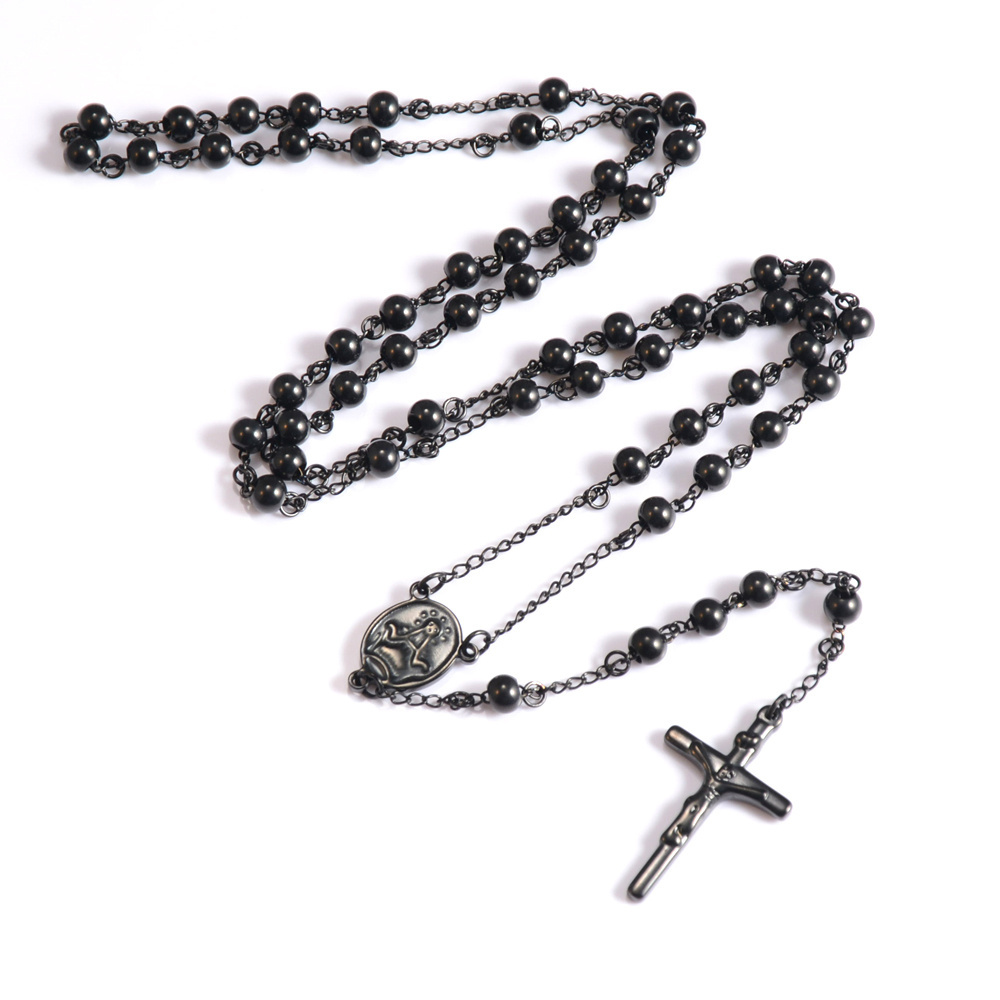 hotsale religious necklace stainless steel bead chain designs rosary necklace with jesus cross pendant