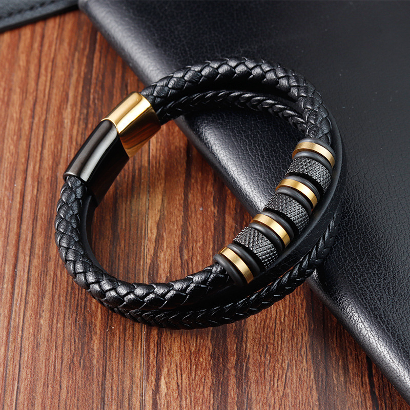 Stainless steel italian magnet multi layer genuine leather cuff bracelet gold plated woven string charm bracelet sets men