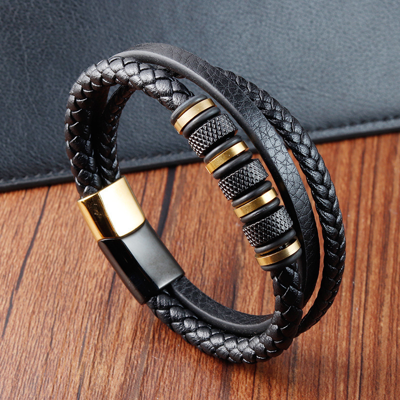 Stainless steel italian magnet multi layer genuine leather cuff bracelet gold plated woven string charm bracelet sets men