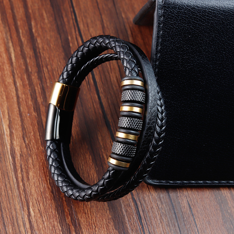 Stainless steel italian magnet multi layer genuine leather cuff bracelet gold plated woven string charm bracelet sets men