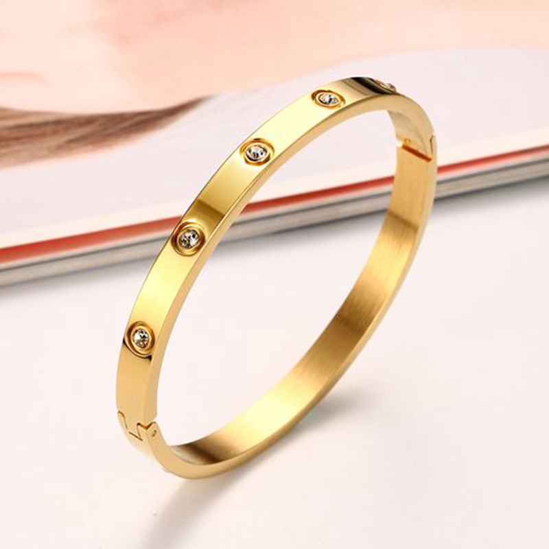 Wholesale fashion jewelry  korea style 6mm gold stainless steel  bangle bracelet with crystal stone for girls ladies