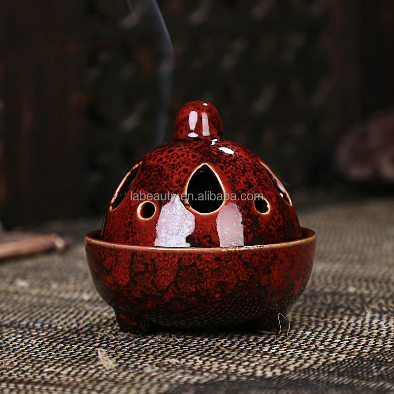 Creative retro ceramic incense burner glaze kiln bakhoor burner color ceramic incense pot with lid mosquito aromatherapy stove