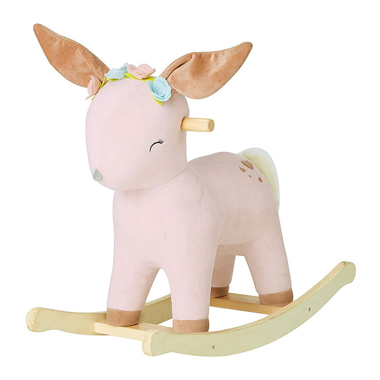 Wholesale Kids Soft Solid Wooden Plywood Cute Plush Toy Deer Baby Girl Rocking Horse for Outdoor Playground