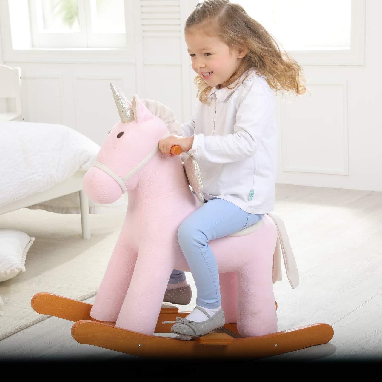 2022 Stuffed Animal Rocker Toy Pink Winged Unicorn Riding Toy Kids Horse Ride Plush Animal Toy Rides Baby Wooden Rocking Horse