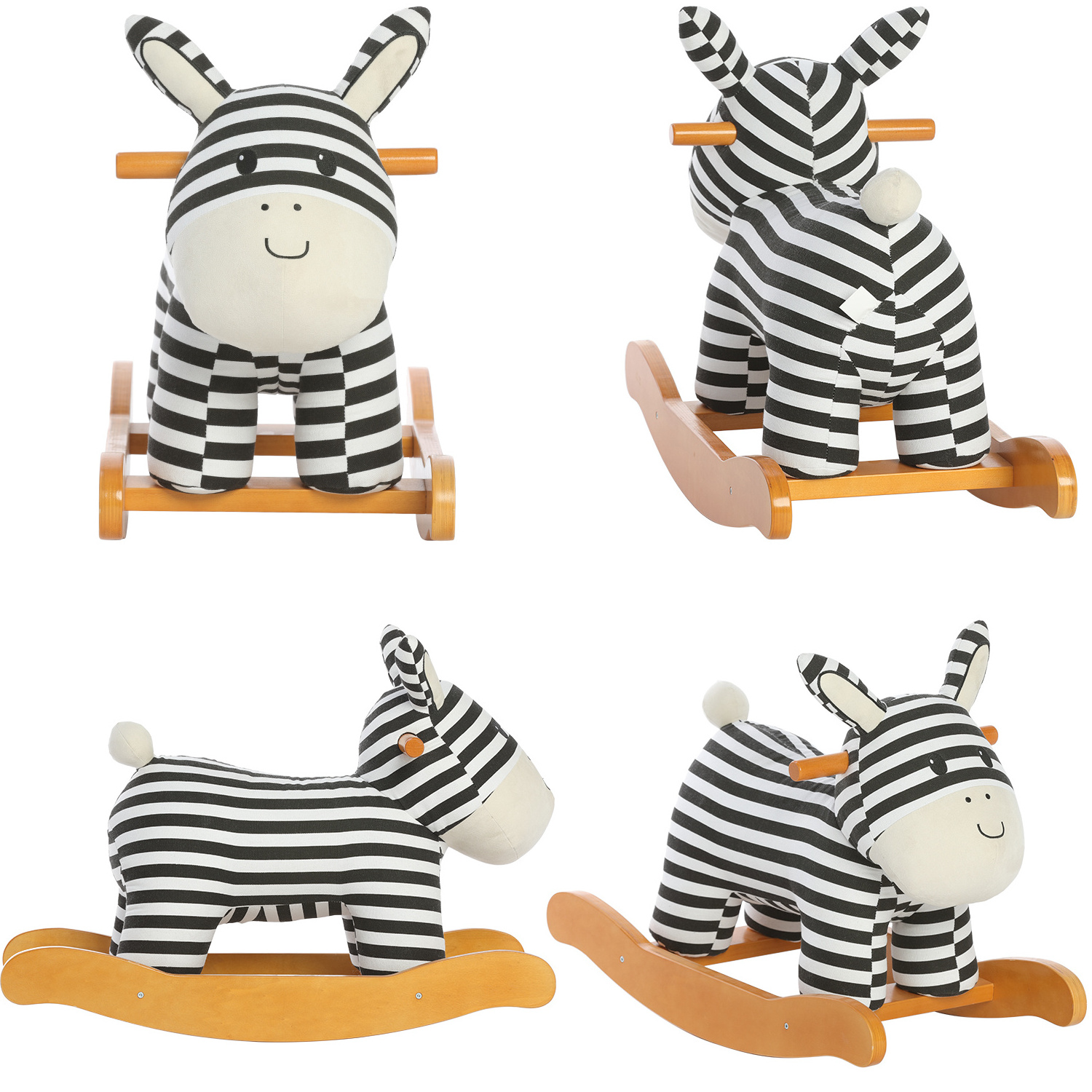 Baby Ride Rocking Solid Wood Canvas Plywood Chair Striped Zebra Donkey Plush Toy Wooden Lovely Rocking Horse