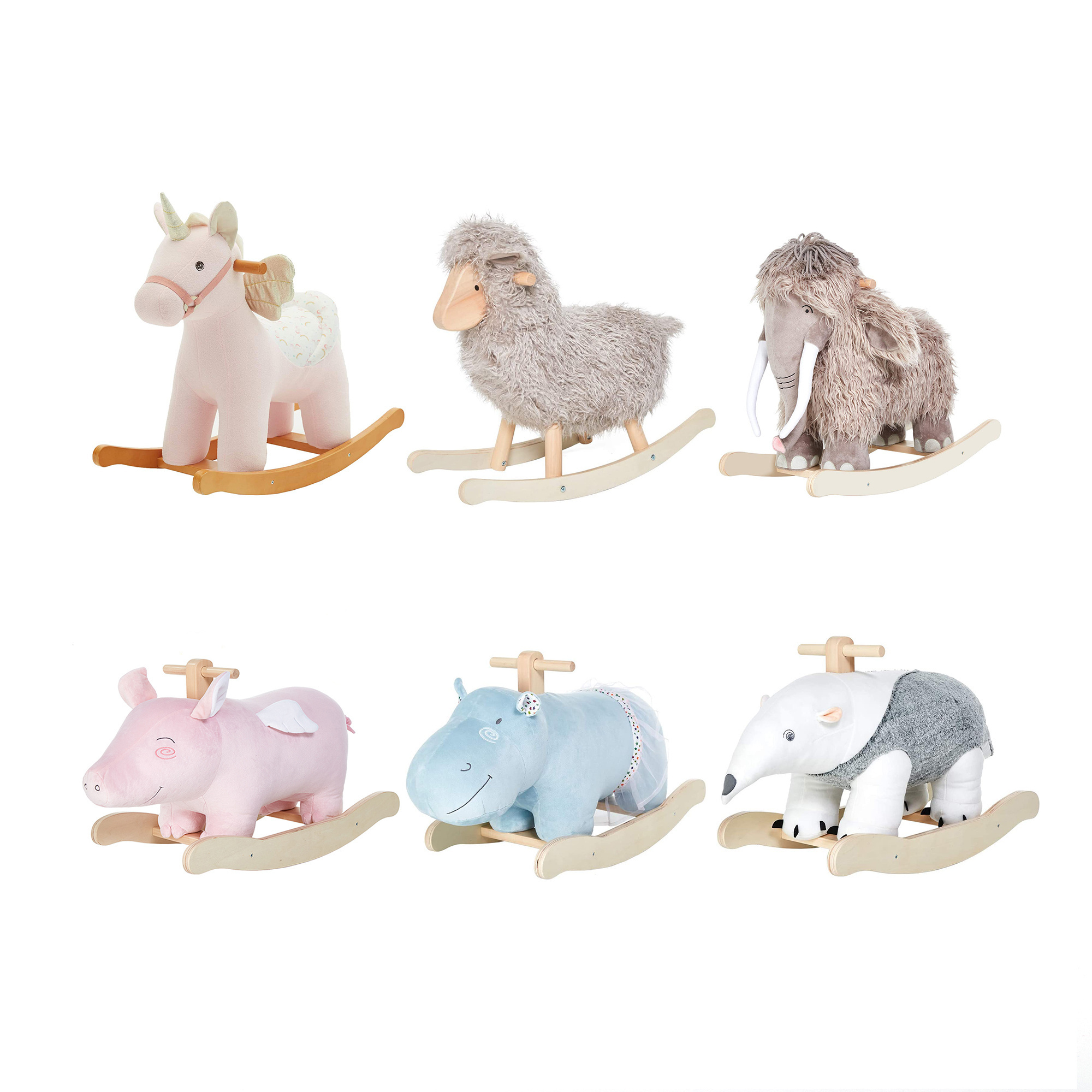 Custom Baby Wooden Animal Plush Wing Shaking Toys Ride on Animal Pig Sheep Hippo Pony Rocking Horse