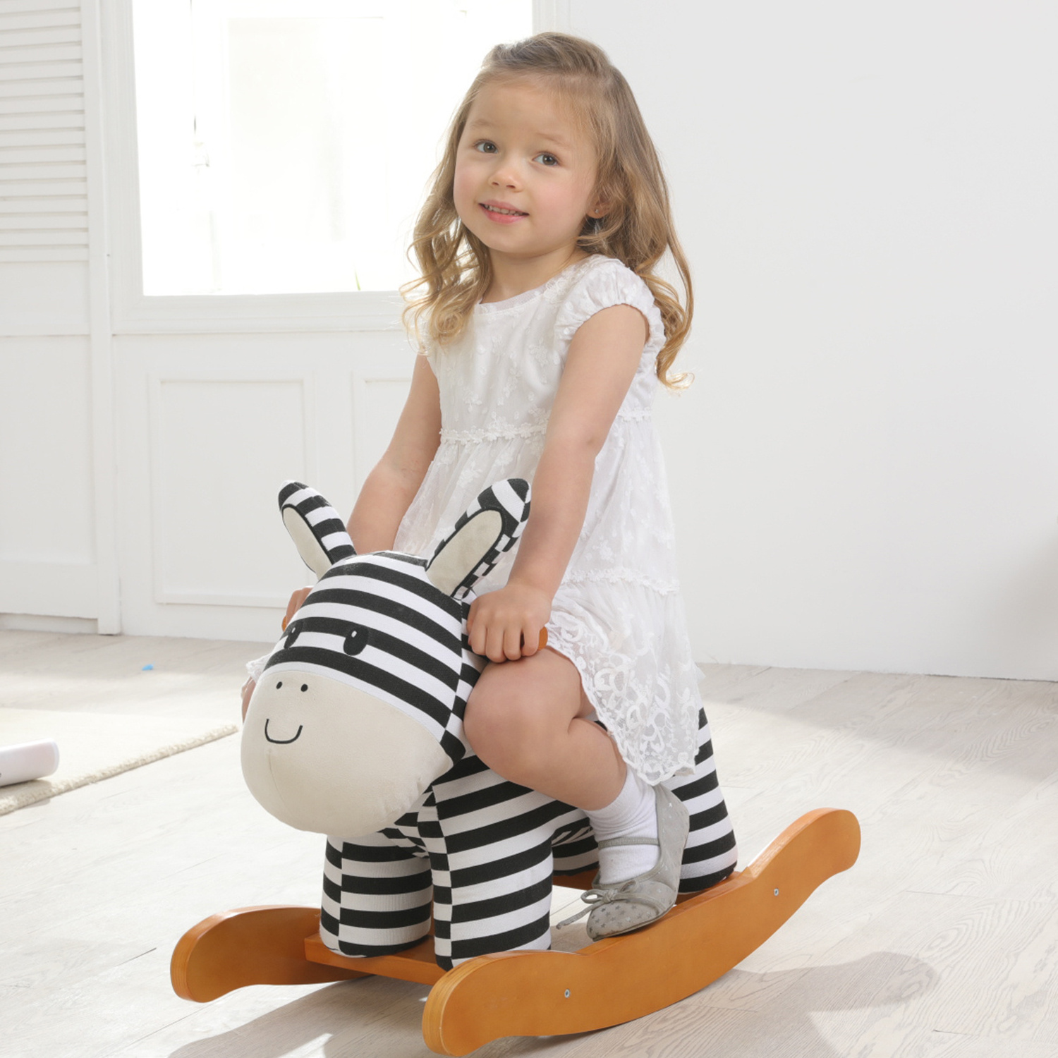 Baby Ride Rocking Solid Wood Canvas Plywood Chair Striped Zebra Donkey Plush Toy Wooden Lovely Rocking Horse