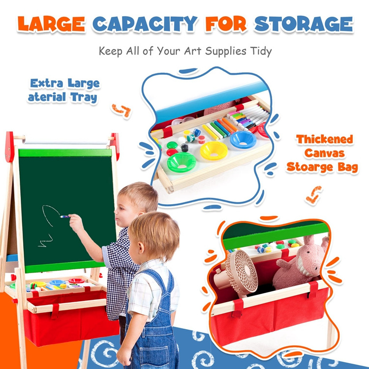 Hot Sale 100+ Accessories Adjustable Double-Sided Board Wooden Kids Easel Drawing Board With Magnetic Chalkboard