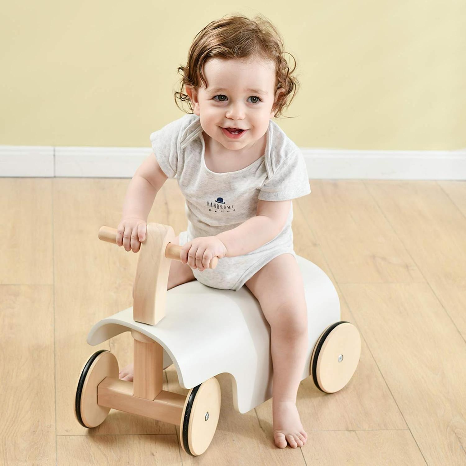 Baby Wooden Ride On Toys White Ride-on Bending Car Customize Toddlers Wooden Balance Walker With 4 Wheels