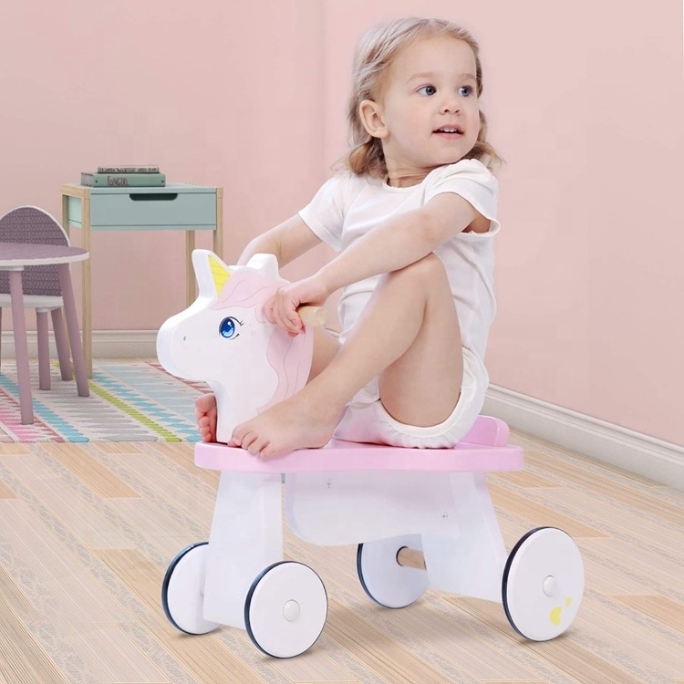 Labebe Pink Unicorn Wooden Tricycles Walker Toys Baby 4 Wheels Bike Toy Kids Wooden Tricycle Ride On Car