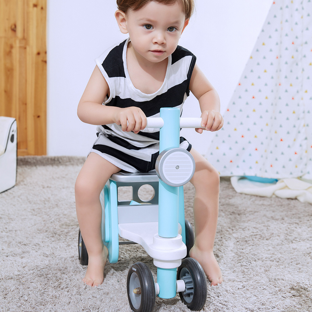 Baby Balance Bikes Tricycles Preschool Toys Ride On Toys 4 In 1 Blue Motor Car No Pedal 4 Wheels Baby Wooden Ride On Walker