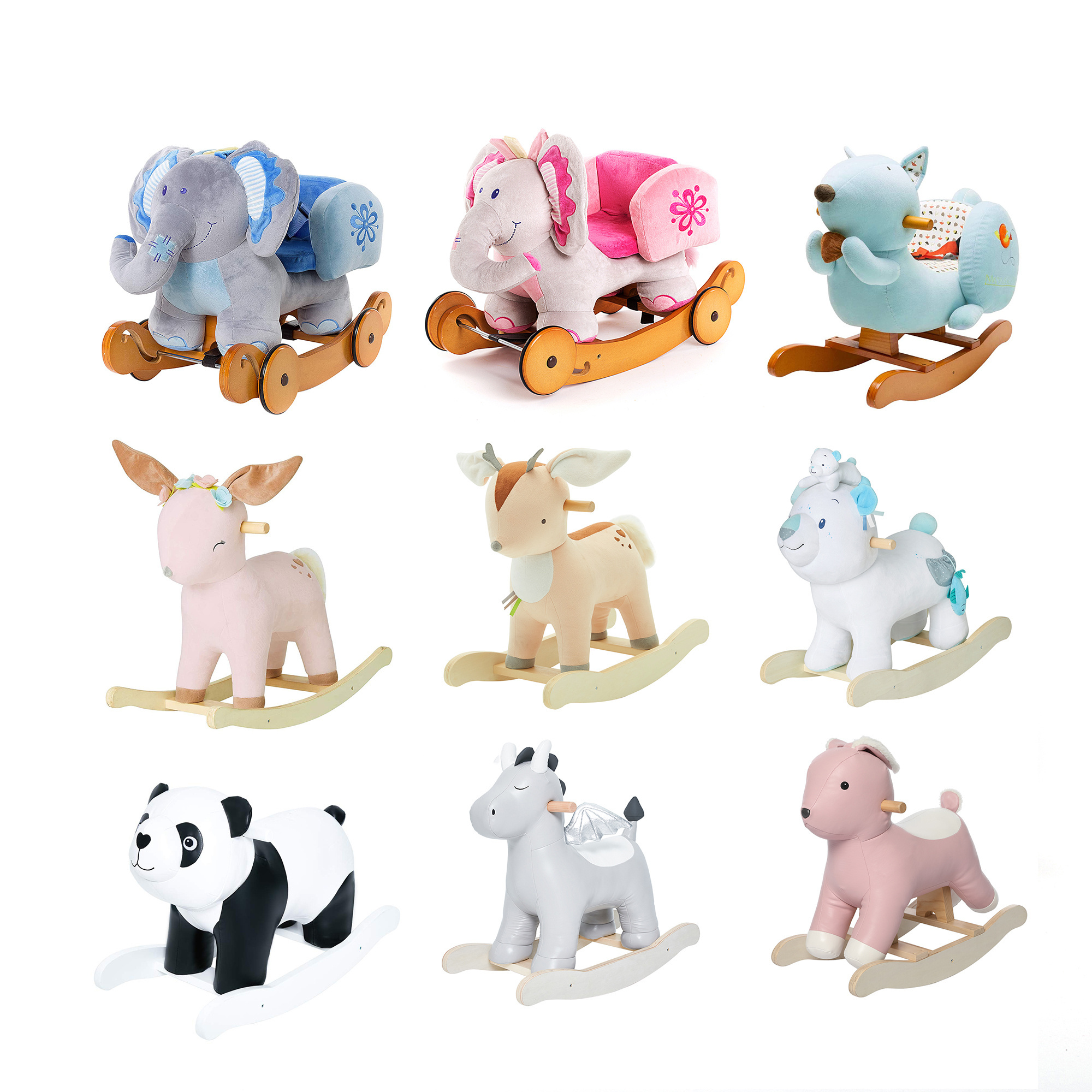 Custom Baby Wooden Animal Plush Wing Shaking Toys Ride on Animal Pig Sheep Hippo Pony Rocking Horse