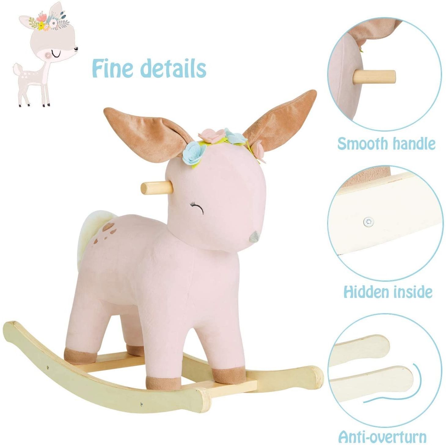 Wholesale Kids Soft Solid Wooden Plywood Cute Plush Toy Deer Baby Girl Rocking Horse for Outdoor Playground