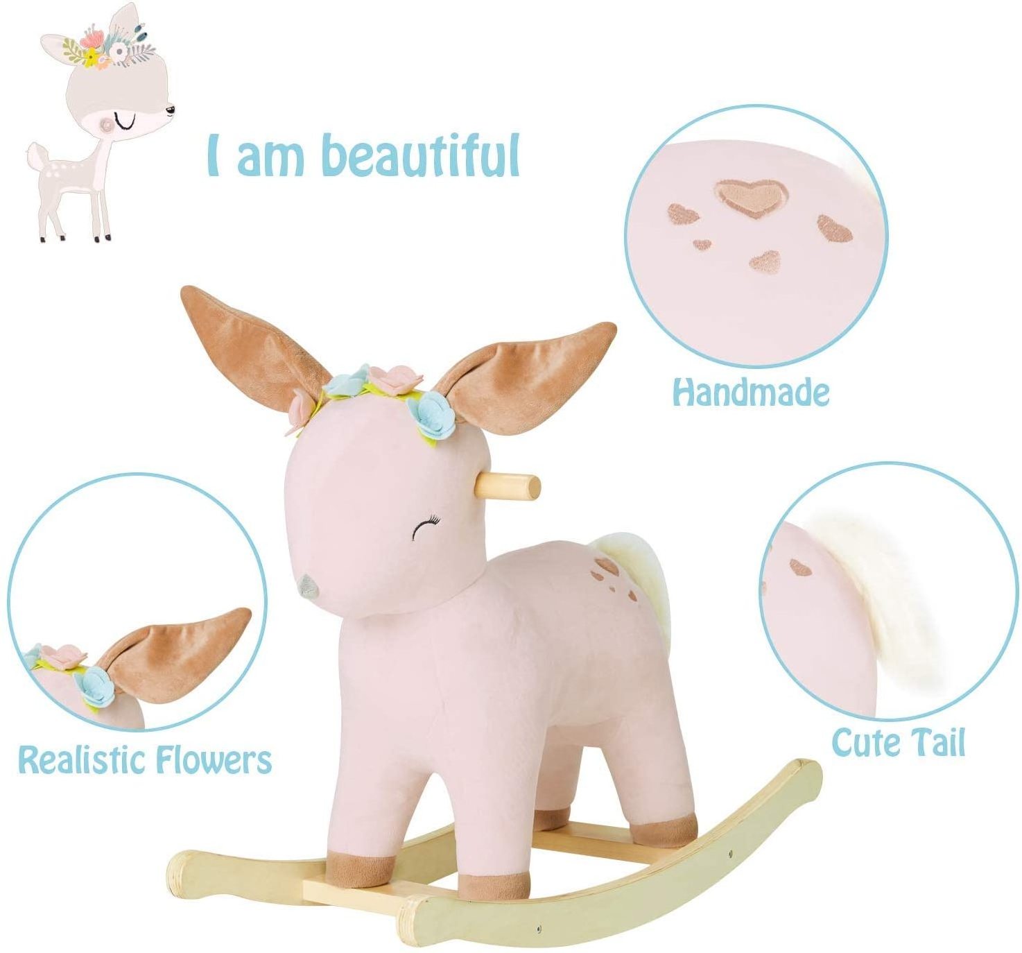 Wholesale Kids Soft Solid Wooden Plywood Cute Plush Toy Deer Baby Girl Rocking Horse for Outdoor Playground