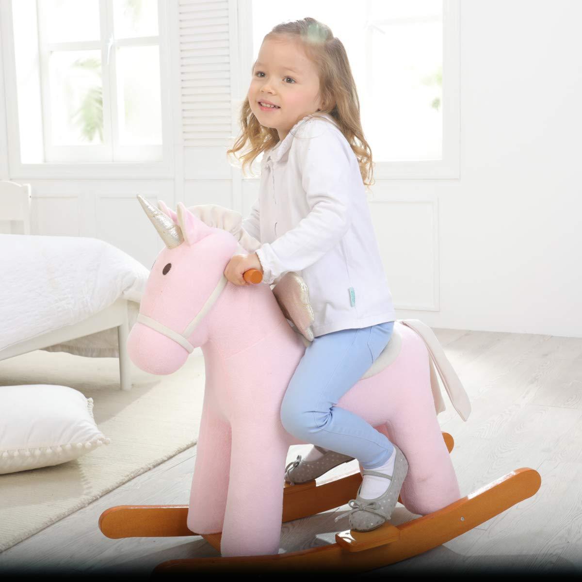 2022 Stuffed Animal Rocker Toy Pink Winged Unicorn Riding Toy Kids Horse Ride Plush Animal Toy Rides Baby Wooden Rocking Horse