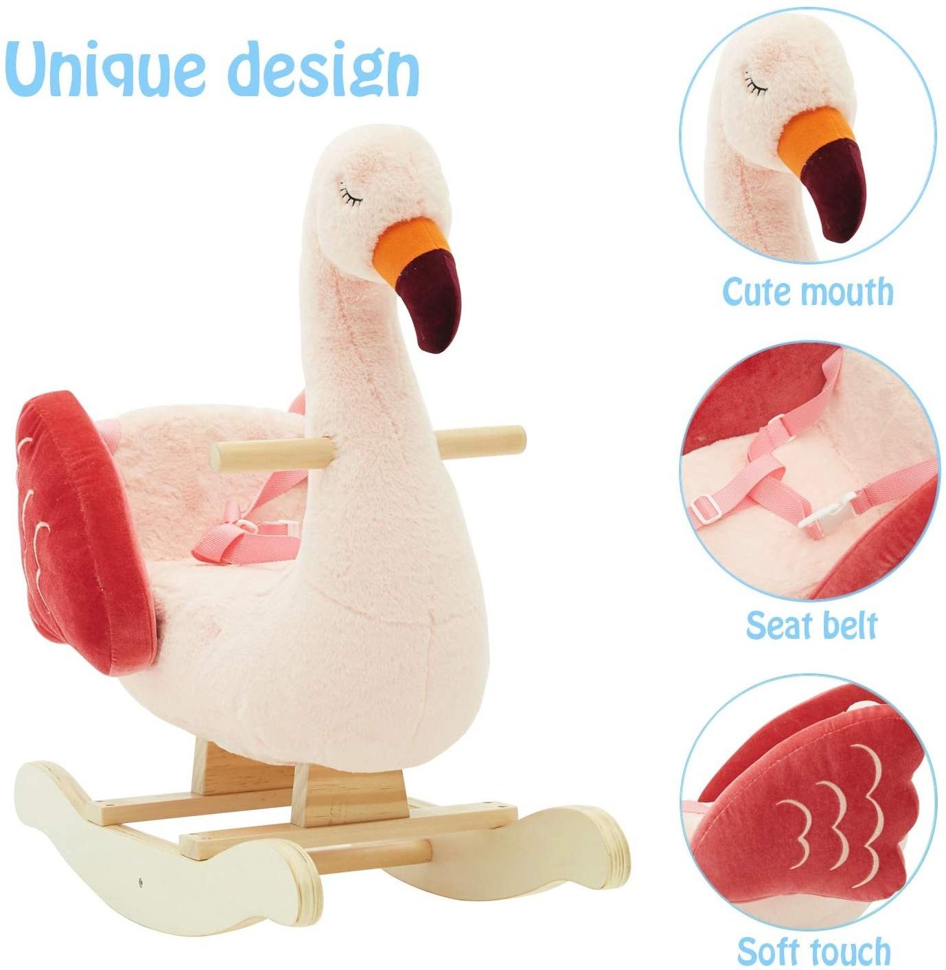 Pink Flamingo Baby Plush Rocker Riding Toys Kids Cute Animal Rocker Rider Toddler Seat Wood Rocking Chair Baby Rocking Horse