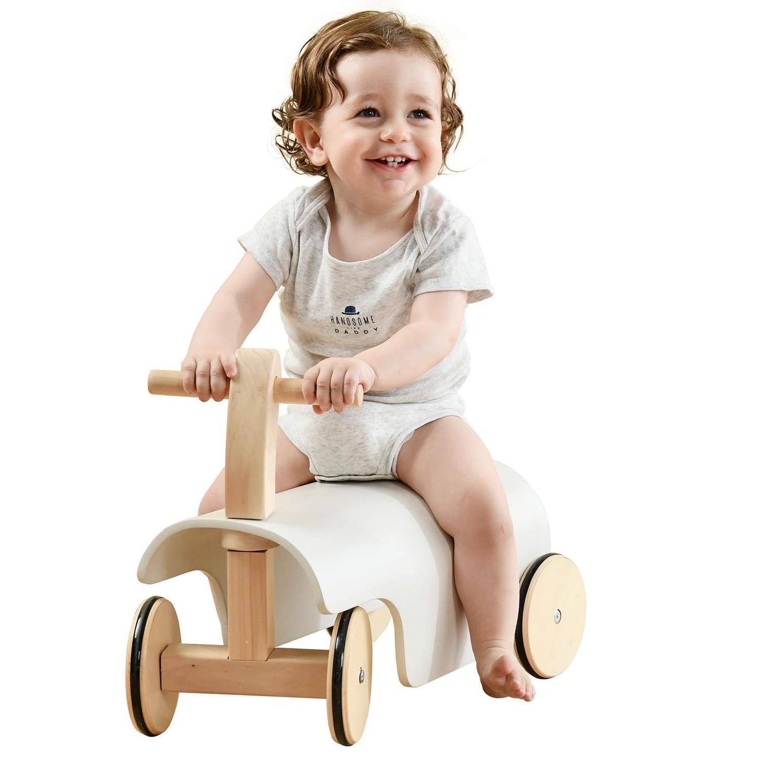 Baby Wooden Ride On Toys White Ride-on Bending Car Customize Toddlers Wooden Balance Walker With 4 Wheels