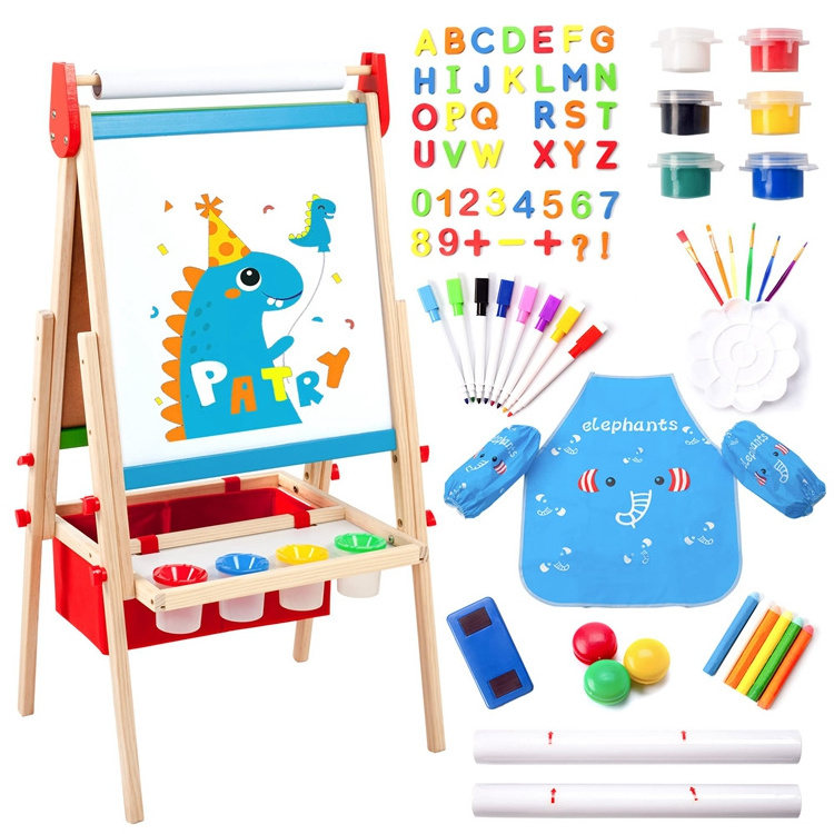 Hot Sale 100+ Accessories Adjustable Double-Sided Board Wooden Kids Easel Drawing Board With Magnetic Chalkboard