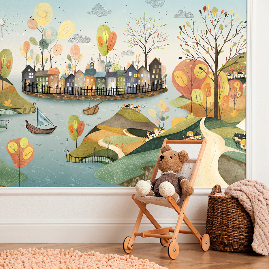 Custom Removable Fabric Eco-friendly Printing Wallpaper Home Decoration Kindergarten Wall Mural Sticker for Kids Living Room