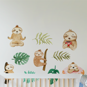 Custom Cute Sloth Theme Self-adhesive Removable Printing Decal PVC Waterproof Mock Up Home Decoration Wall Sticker for Kids Room