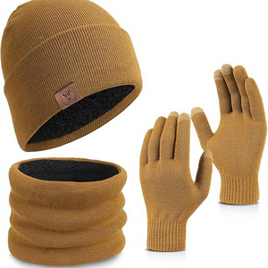 Ozero Wholesale new style adults winter trendy plush knitted hats with gloves and scarf 3-piece set