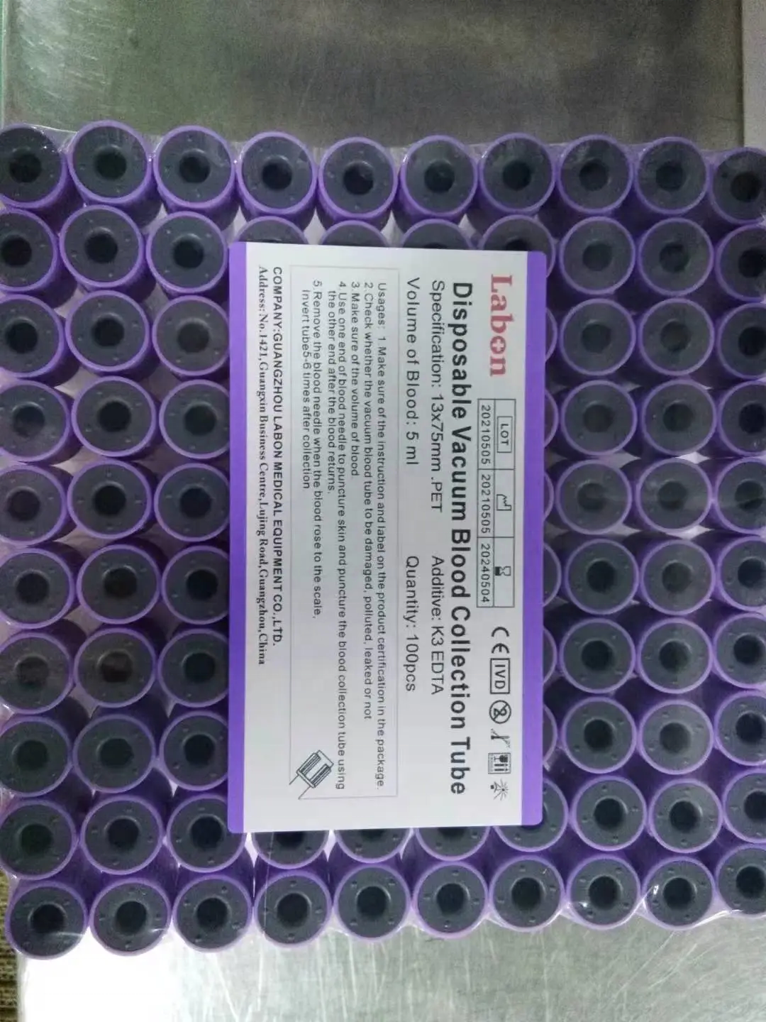 Purple glass or PET Vacuum Blood collection K2 K3 EDTA tubes