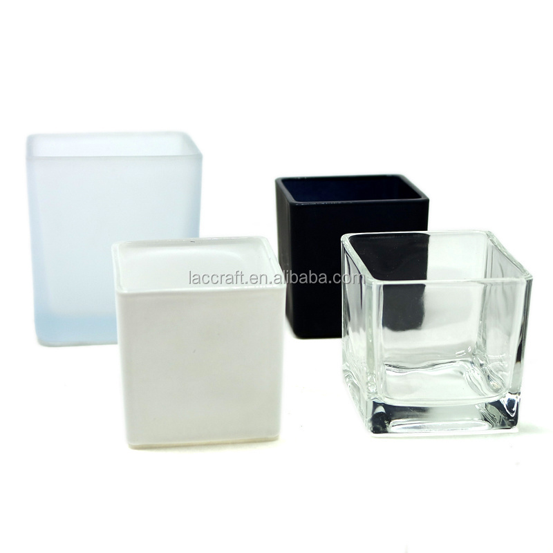 Glass square votive candle holder  black clear frosted white candle jar