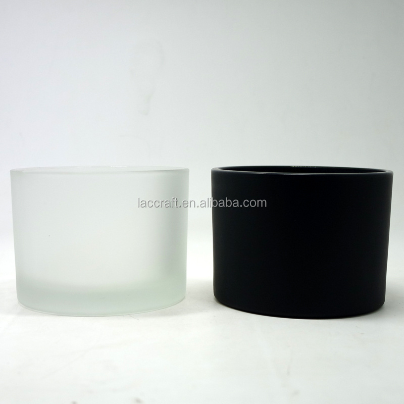 Custom flat base large 14oz cylinder white black glass candle holder frosted candle jars with wood lid