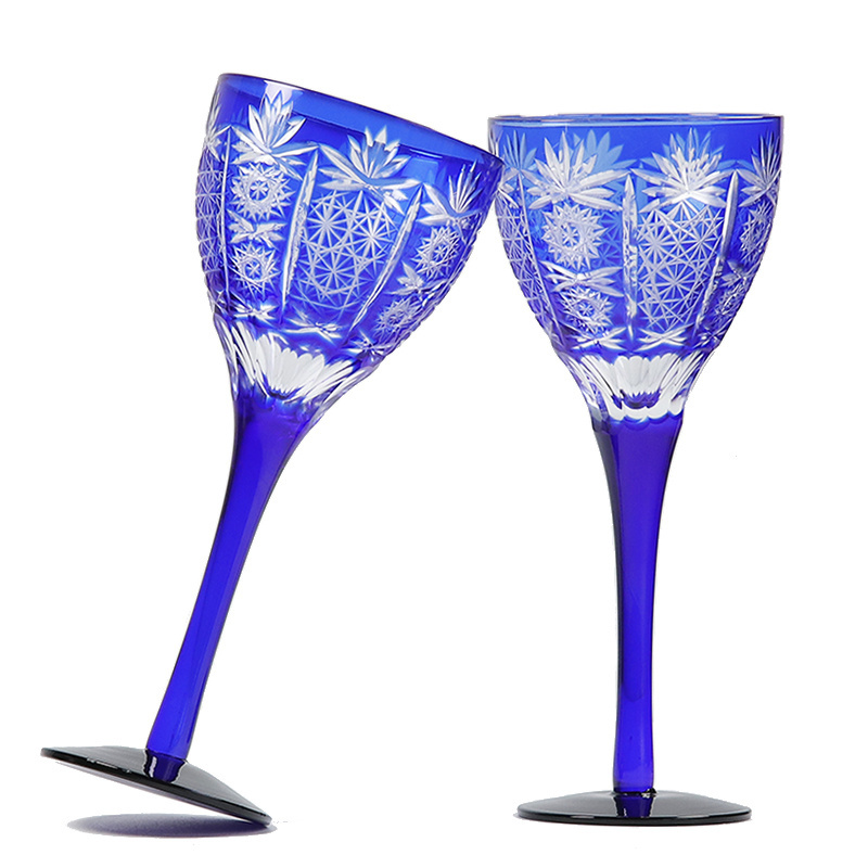 Exquisite Hand blown Blue Cased Glass and hand cut to clear sunflower pattern wine glass goblet for drinking wine