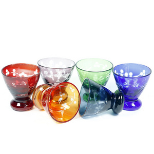 35 ml  edo kiriko japanese sake glass short footed shot glass with hand engraved pattern