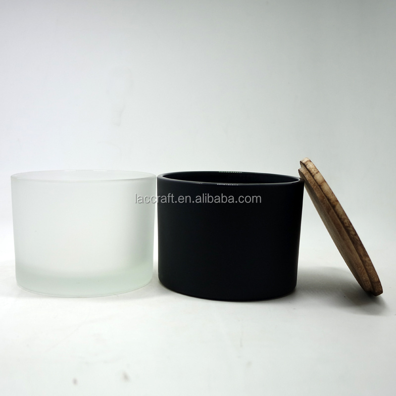 Custom flat base large 14oz cylinder white black glass candle holder frosted candle jars with wood lid