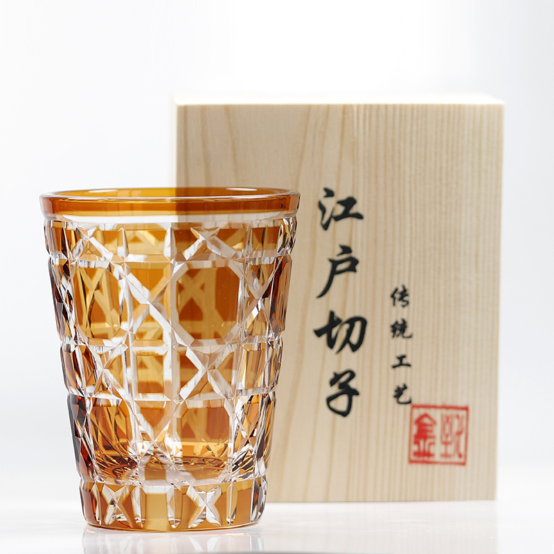 Japanese style 260 ml Luxury  engraved glass cups Mouth blown Thick wall unique pattern rock glass cup whiskey glass