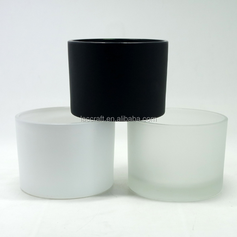 Custom flat base large 14oz cylinder white black glass candle holder frosted candle jars with wood lid